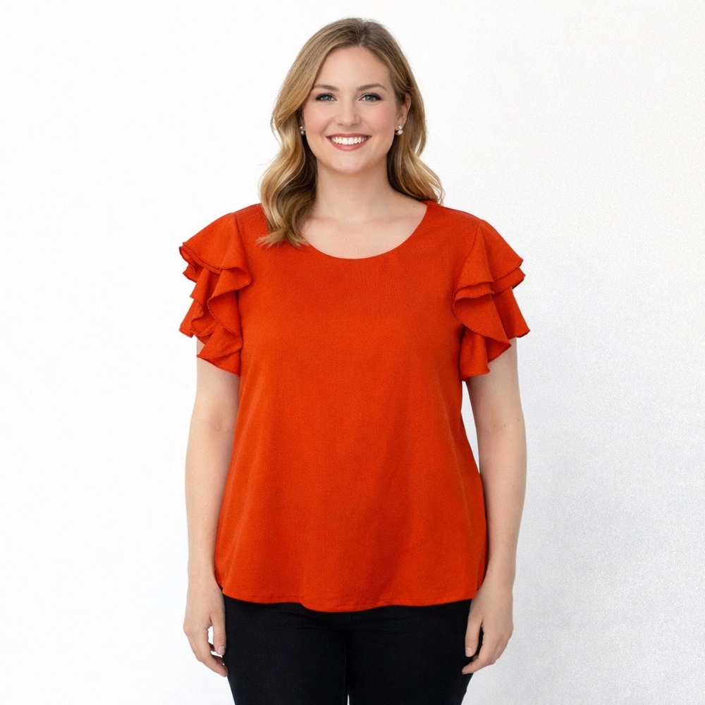 Milk & Honey Women’s XL Orange Ruffle Sleeve Blouse – Bright Textured Top